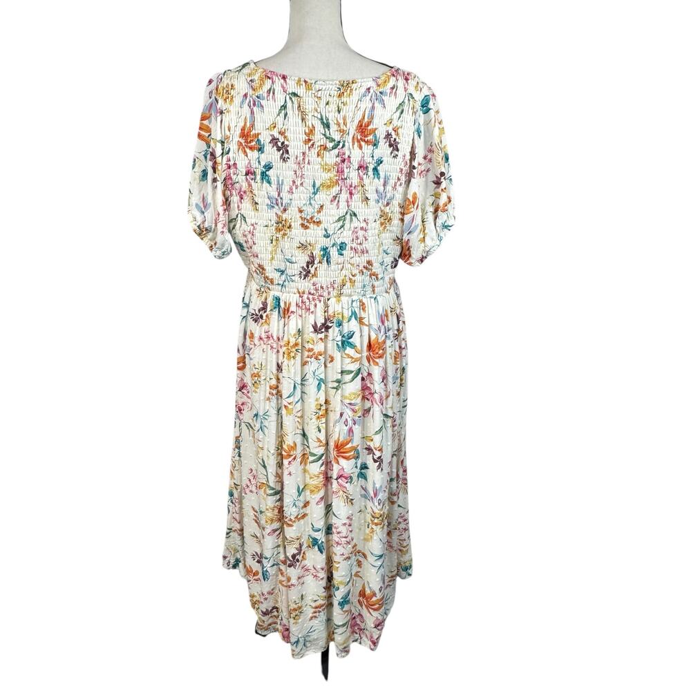 Torrid SZ 2 (2X-Large) Swiss Dot Midi Shirred Carrie Dress Floral V-Neck Lined - Picture 8 of 13